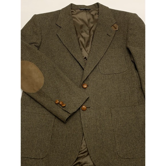 VTG 80s Stafford Greenish Brown Birdseye Wool Tweed Sport Coat Elbow Patches 40R - Picture 1 of 13